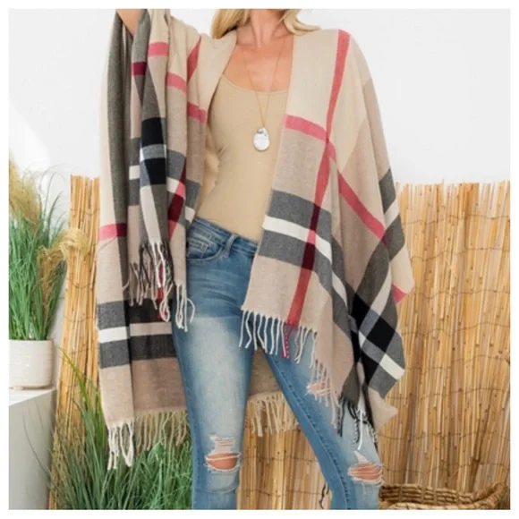 42 Fabulous Oversized Plaid Fringe Shawl Poncho - Picture 2 of 5